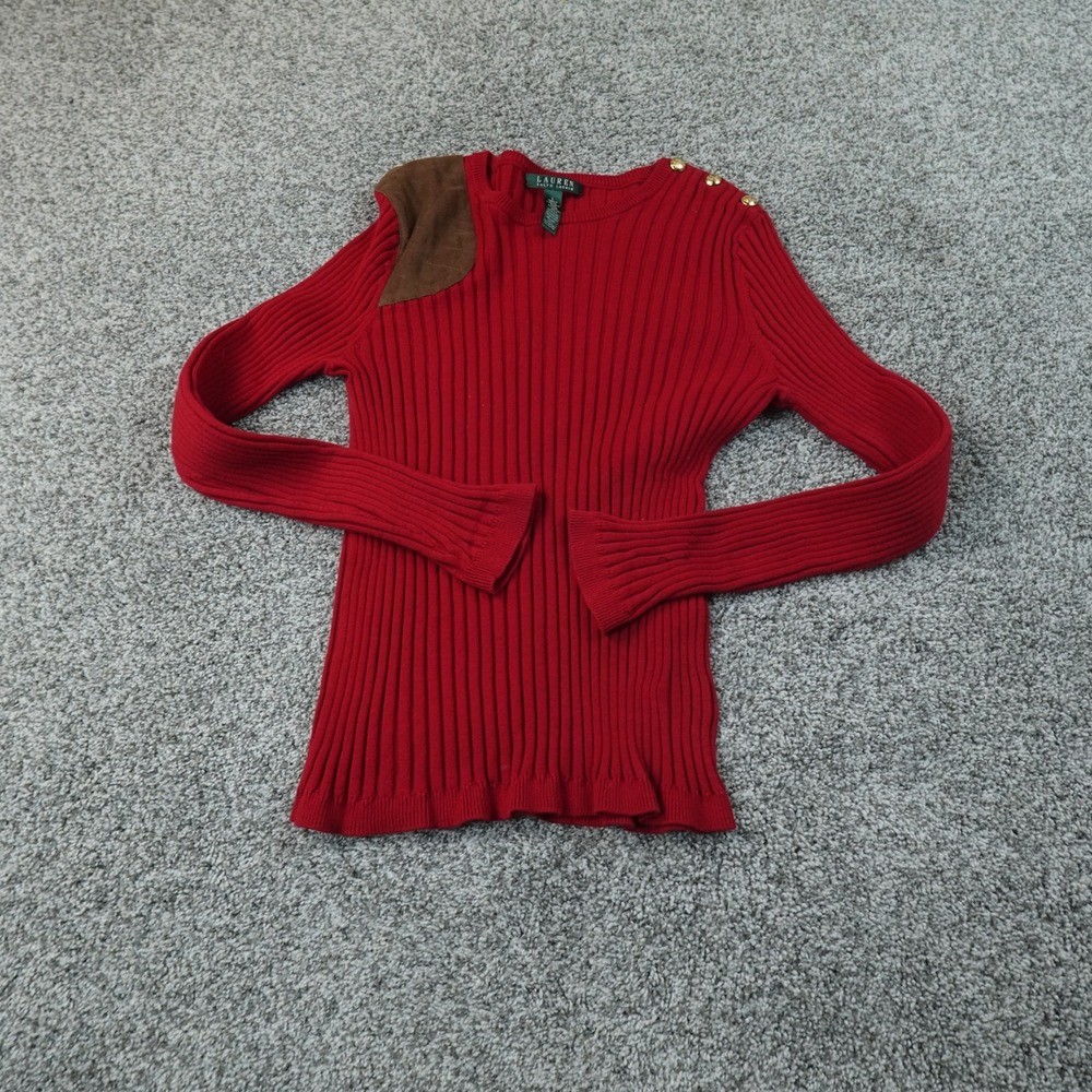 Ralph Lauren Sweater Womens L Red Knit Crewneck Pullover Shooting Suede Patch